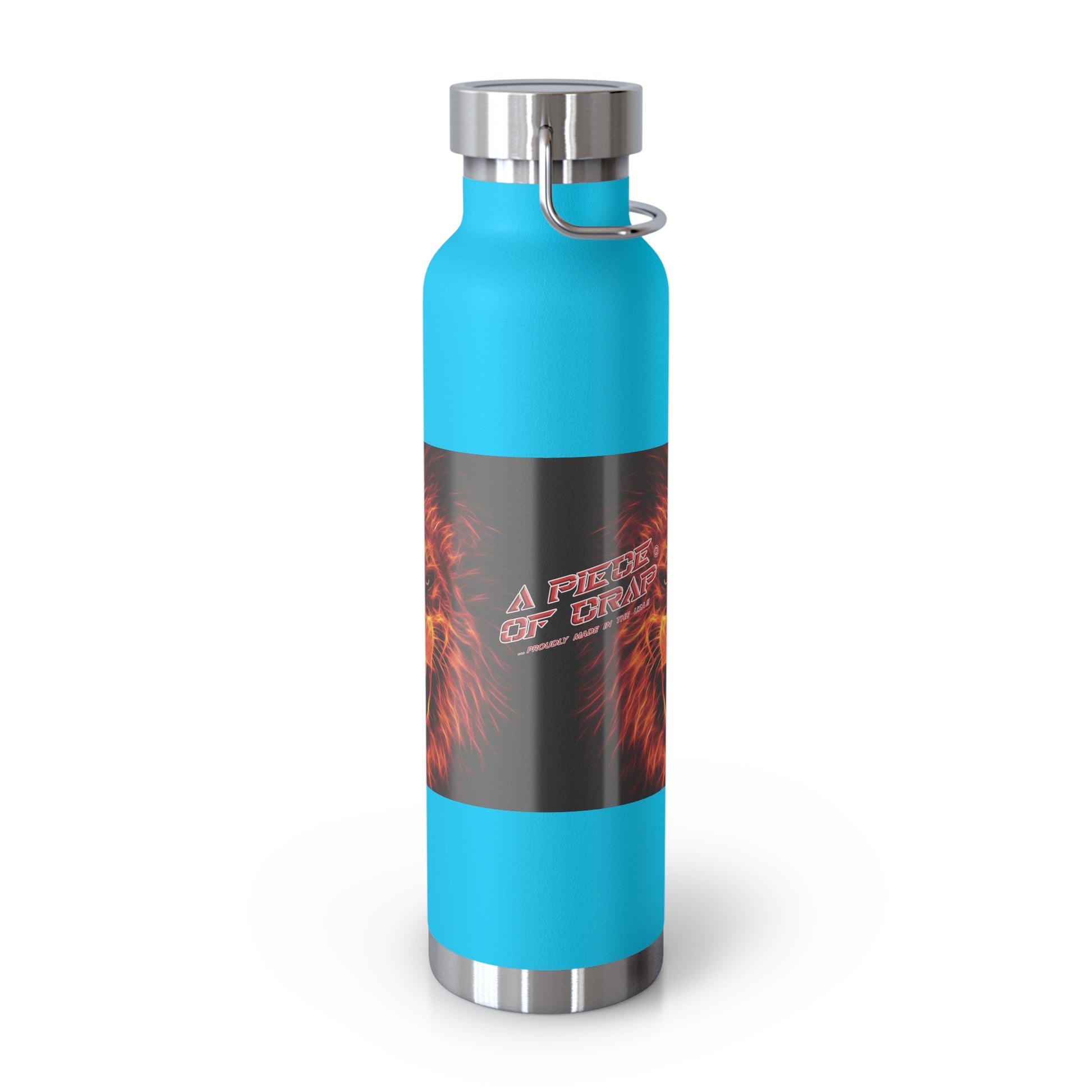Blue water bottle with a colorful design on a white background