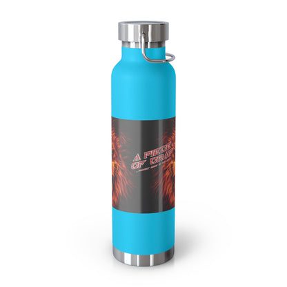 Blue water bottle with a colorful design on a white background