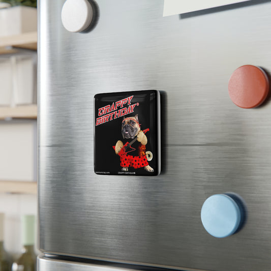 Fridge magnet with a dog design and text on a metallic refrigerator.