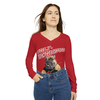 Ugly Neighbor II Women's Long Sleeve V-neck Shirt - Dark Red