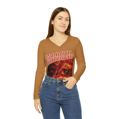 Crappy Birthday Chic Long Sleeve V-Neck Tee - Light Brown