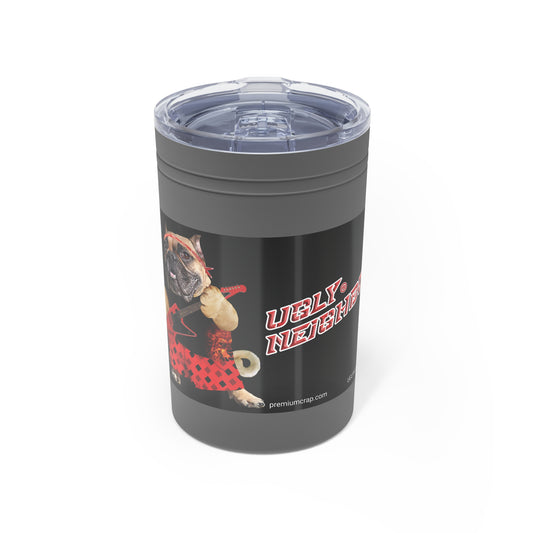 Gray tumbler with a graphic design and text on a white background
