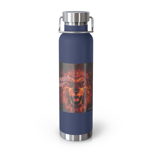 A navy blue insulated water bottle with a stainless steel lid and handle, featuring a graphic print of a roaring lion on the front.
