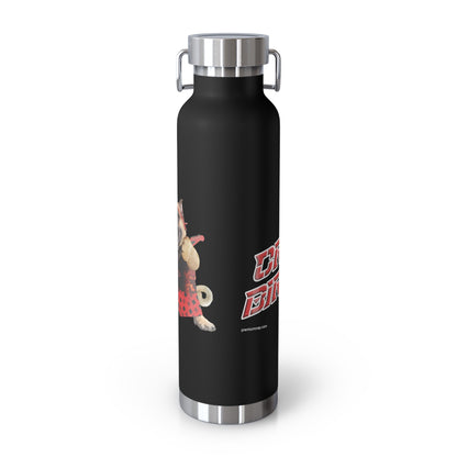 Black water bottle with a cartoon character and text on a white background