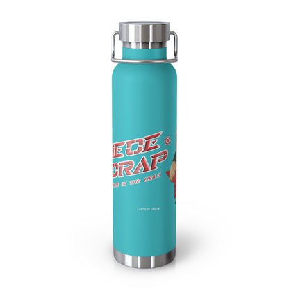 Turquoise water bottle with red and white text on a white background