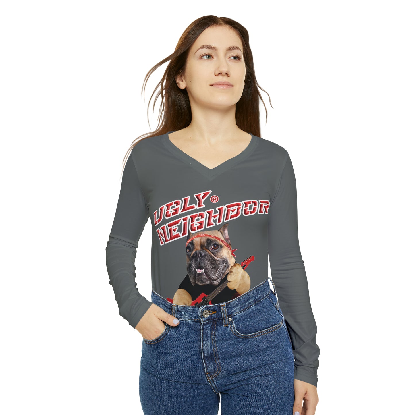 Ugly Neighbor Chic Long Sleeve V-Neck Tee - Dark Grey