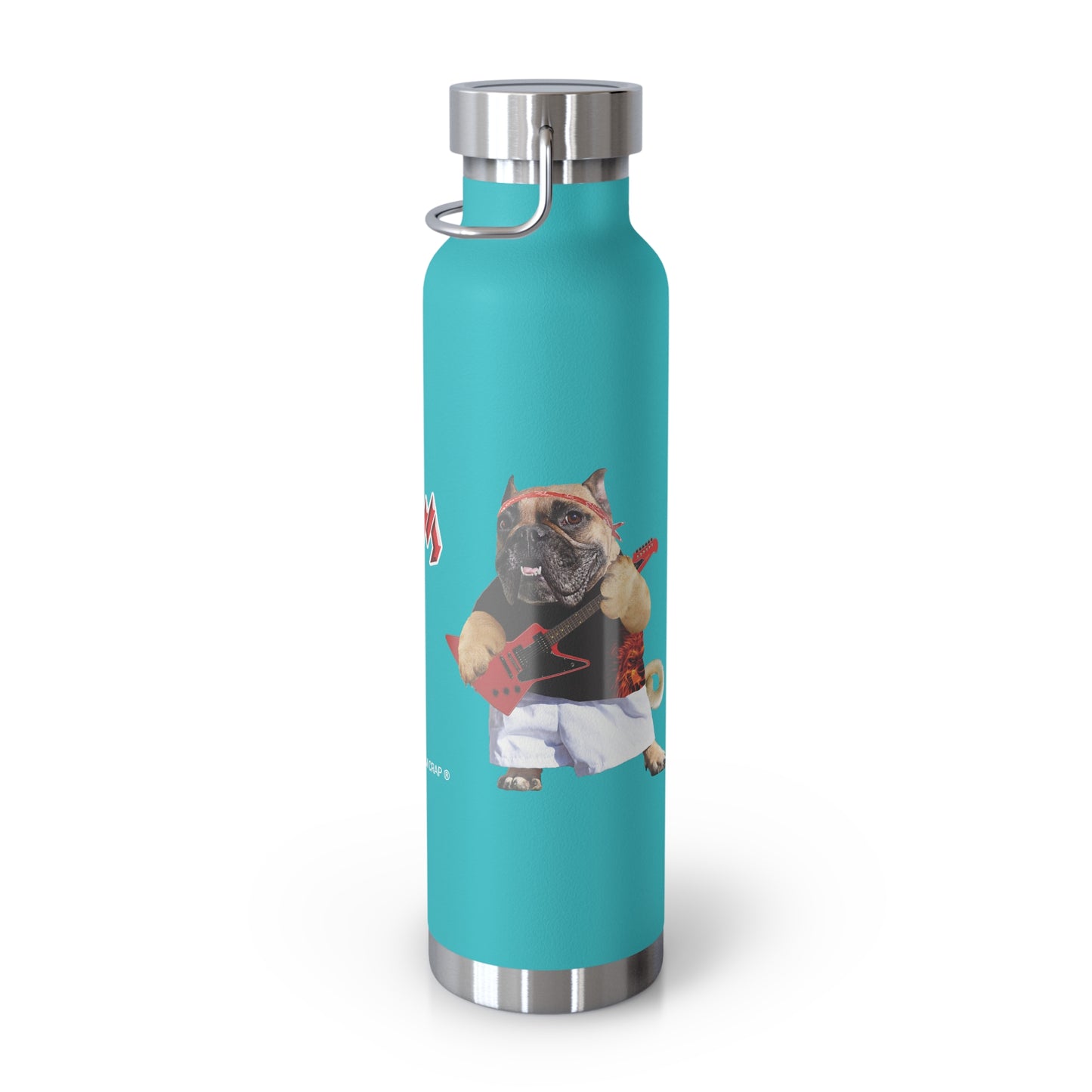 A turquoise insulated water bottle with a stainless steel lid and base, featuring a graphic of a bulldog in a baseball uniform on the front.