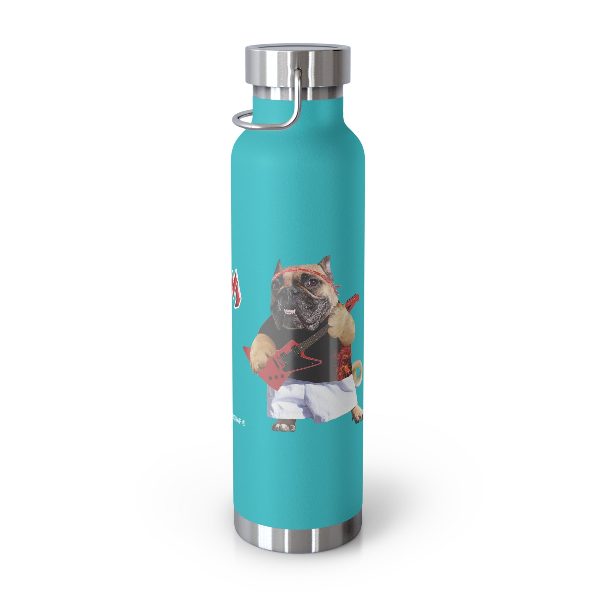 A turquoise insulated water bottle with a stainless steel lid and base, featuring a graphic of a bulldog in a baseball uniform on the front.
