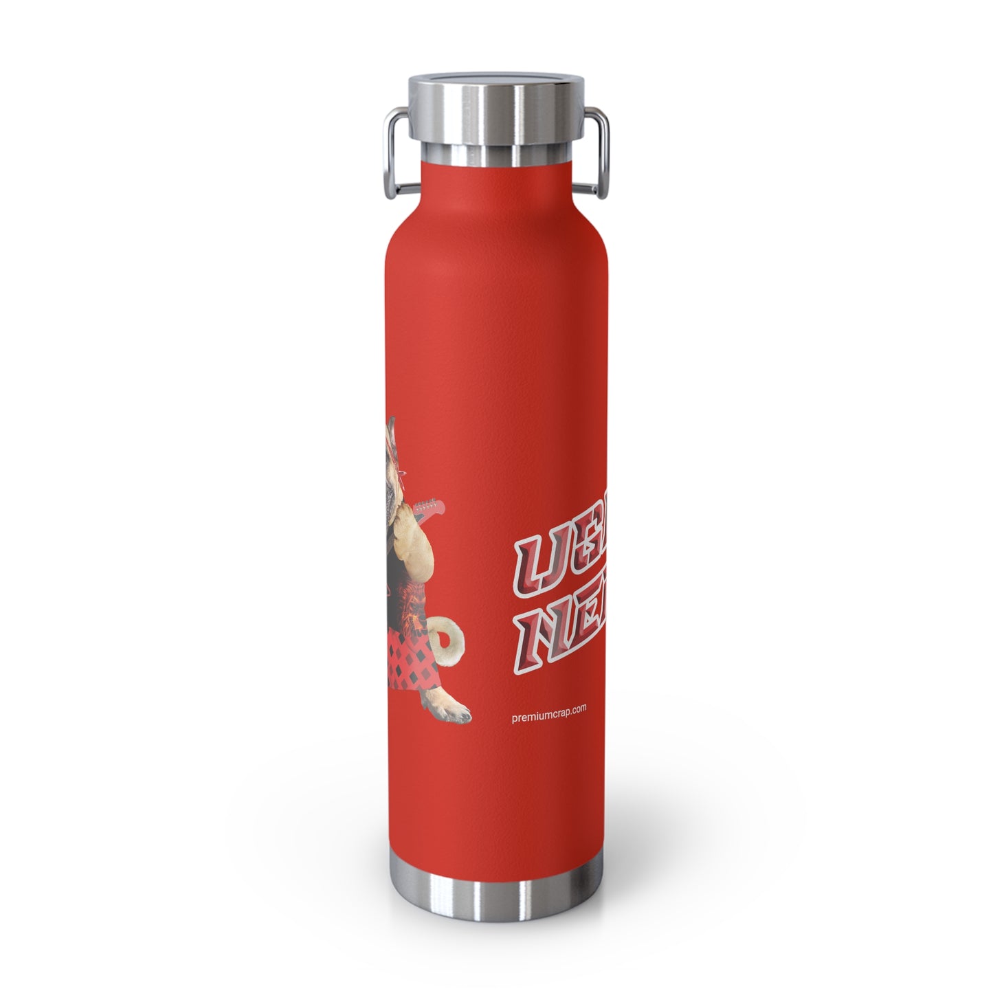 Red water bottle with silver cap and handle on a white background