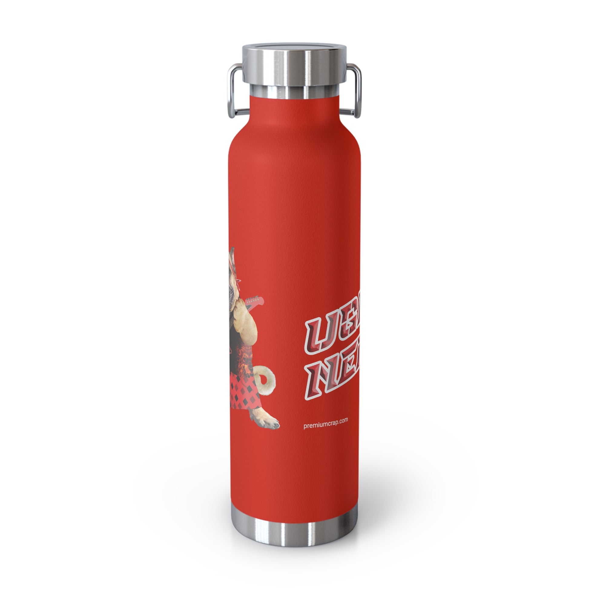 Red water bottle with silver cap and handle on a white background