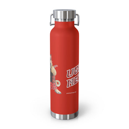 Red water bottle with silver cap and handle on a white background
