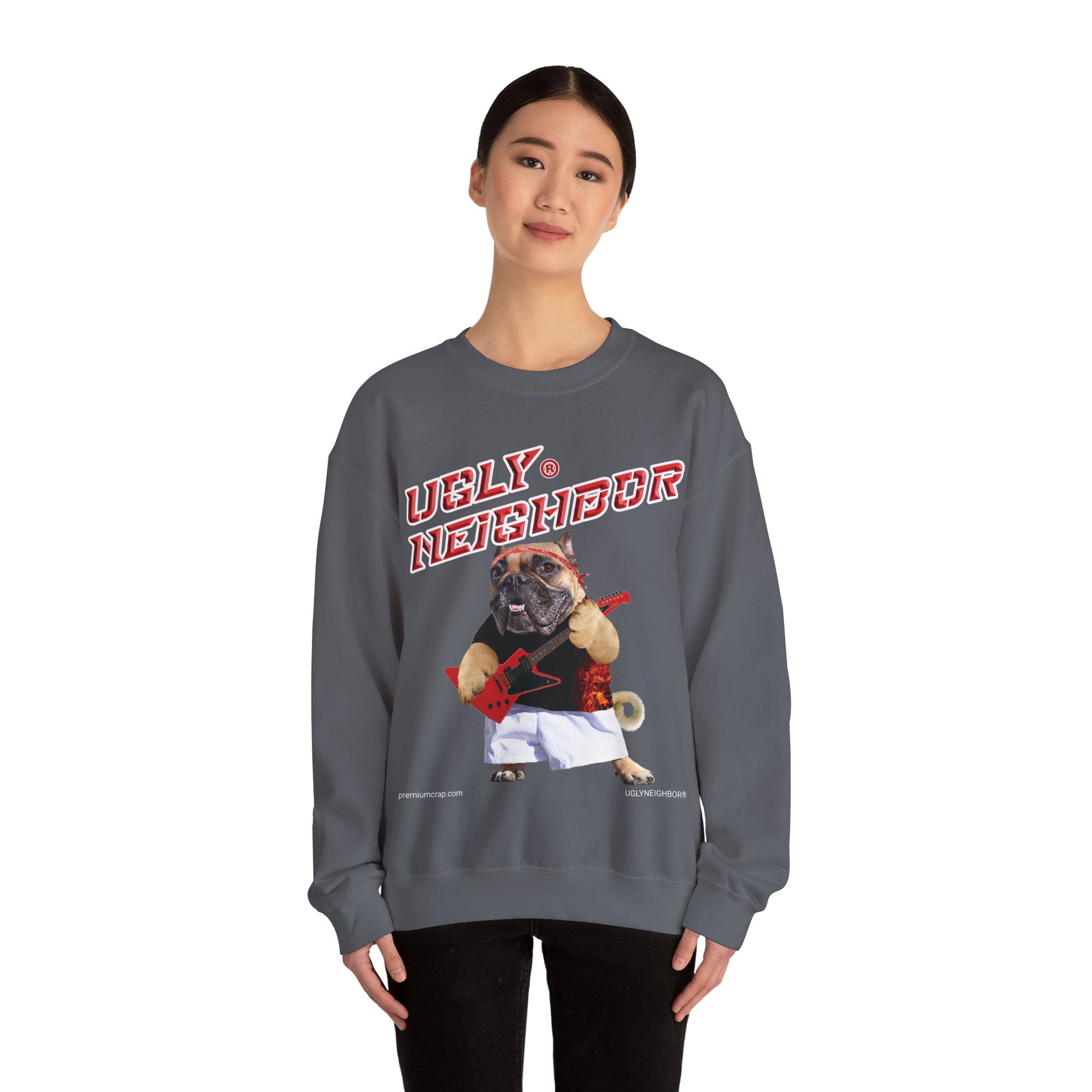 Person wearing a gray sweatshirt with a graphic of a pug and text on a white background