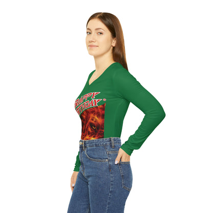 Crappy Birthday Chic Long Sleeve V-Neck Tee - Dark Green