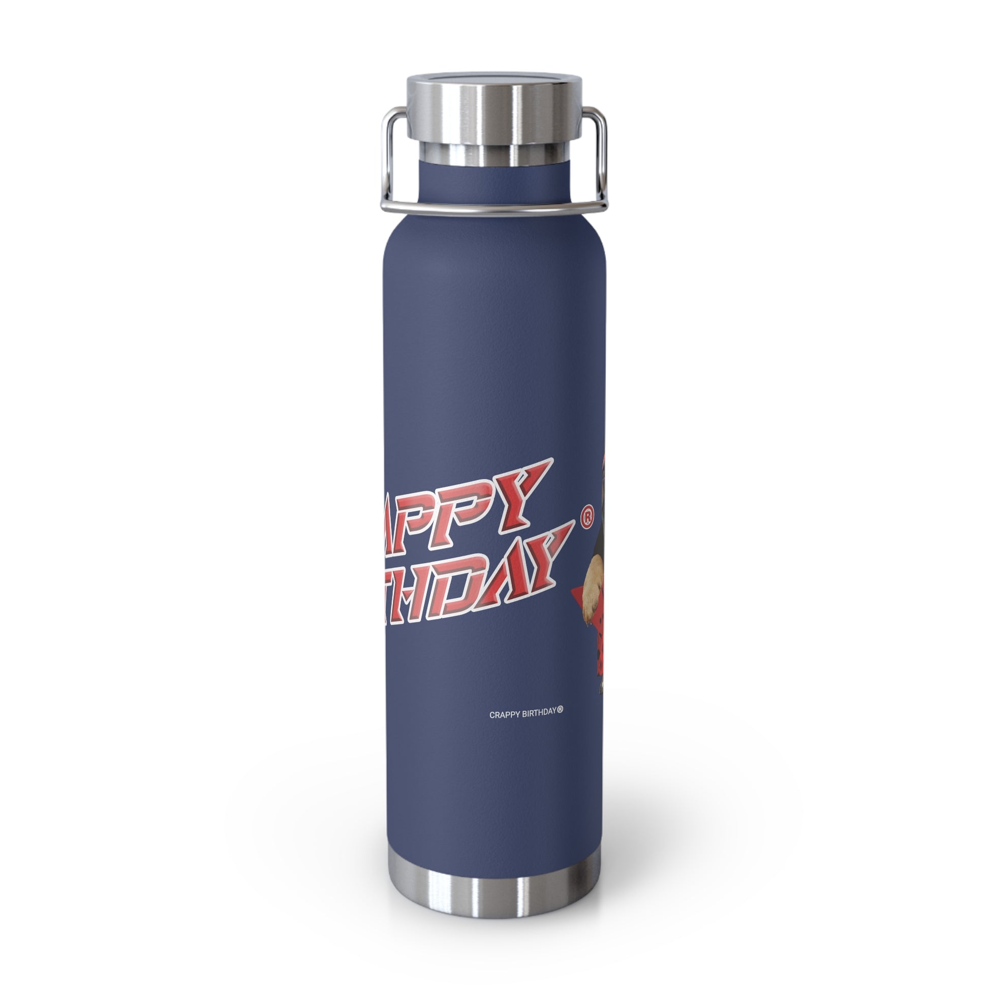 Navy blue water bottle with 'Crappy Birthday' text on a white background