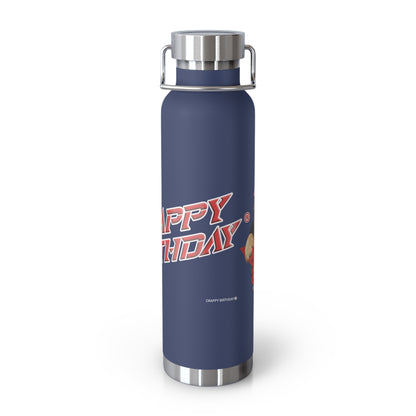 Navy blue water bottle with 'Crappy Birthday' text on a white background