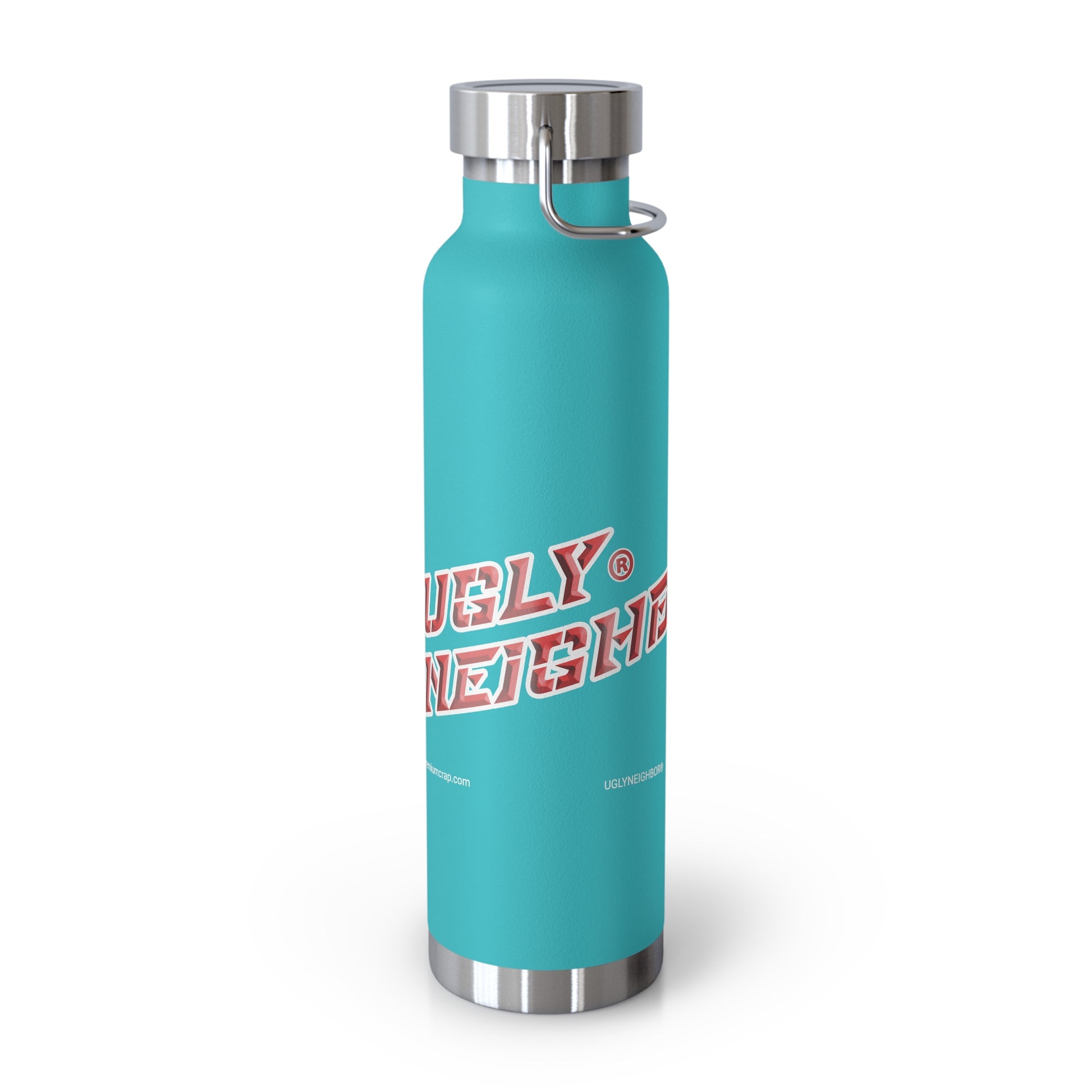Turquoise water bottle with red and white text on a white background