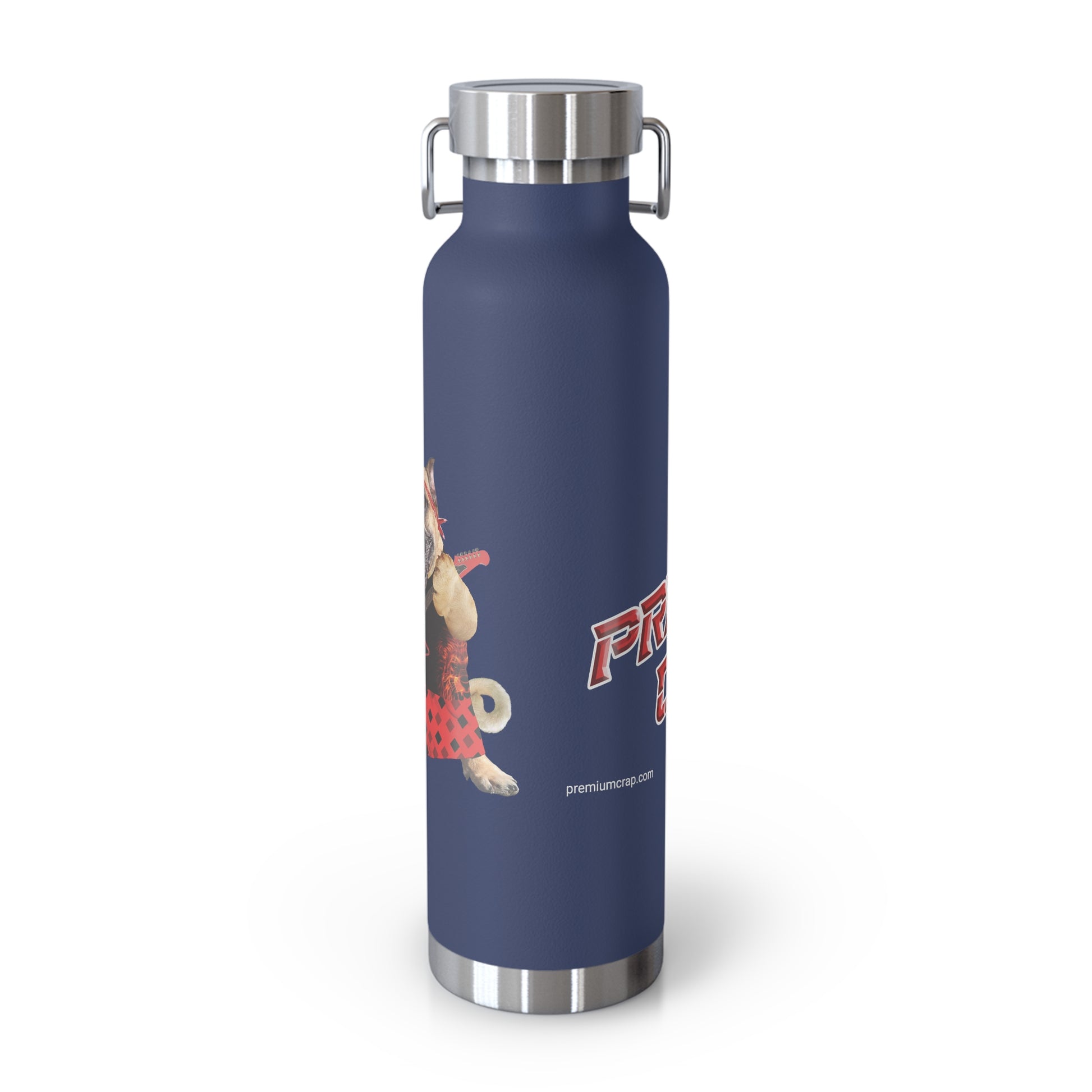Navy blue water bottle with a cartoon character and 'Premium Crap' text on a white background