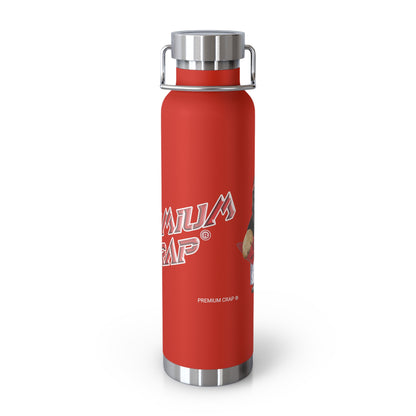 A red insulated water bottle with a stainless steel lid and handle, featuring the 'Premium Crap' logo printed on the front, set against a plain white background.
