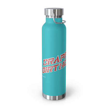Turquoise water bottle with red and white text on a white background