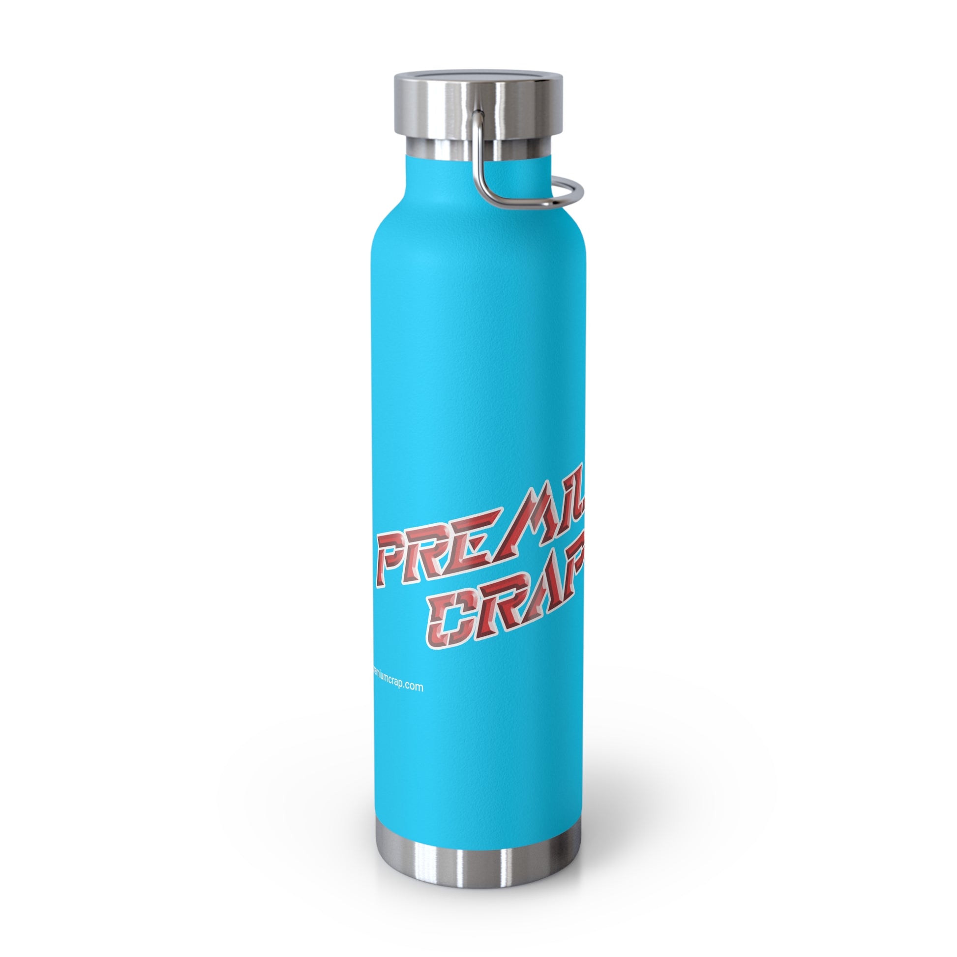 Blue water bottle with red and white text on a white background