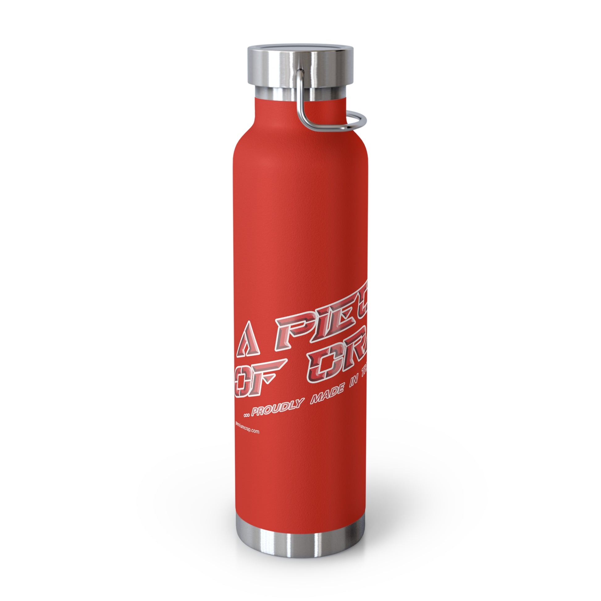Red water bottle with silver lid and white text on a white background