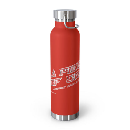 Red water bottle with silver lid and white text on a white background