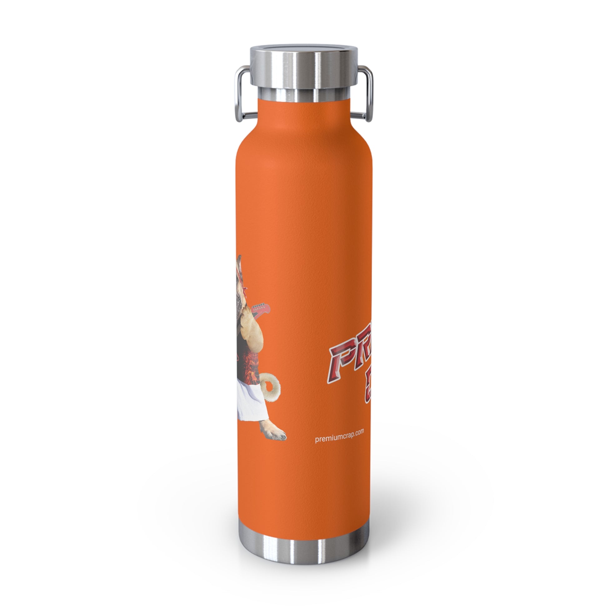 An orange insulated water bottle with a stainless steel lid and handle, featuring a cartoon graphic and partial text on the front, shown on a white background.