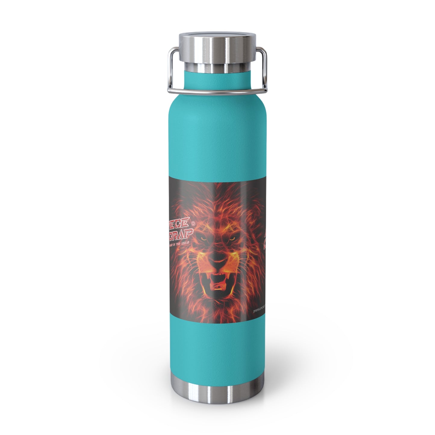 Turquoise water bottle with a lion graphic on a white background