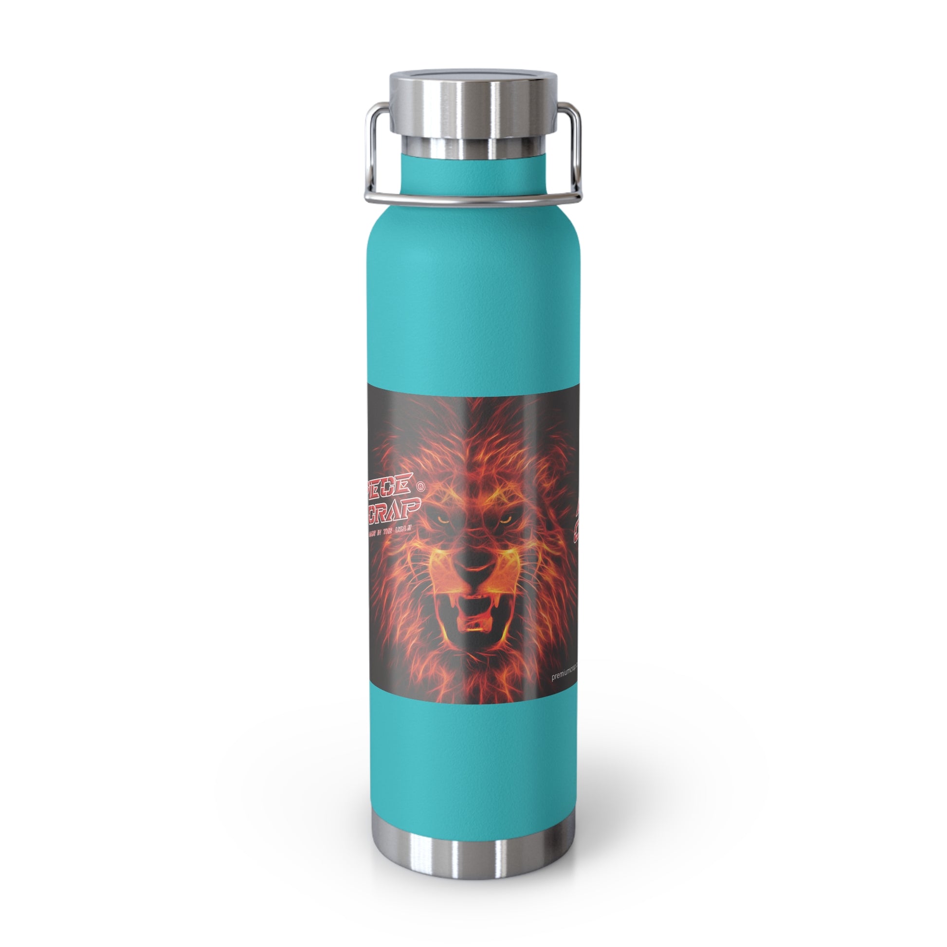 Turquoise water bottle with a lion graphic on a white background