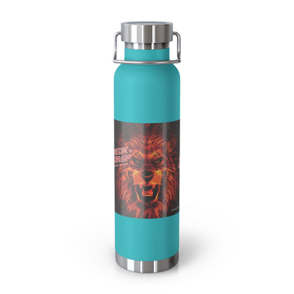 Turquoise water bottle with a lion graphic on a white background