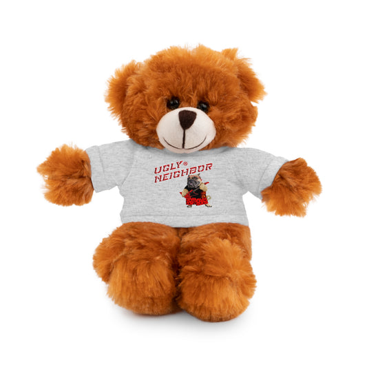 A brown plush teddy bear wearing a light gray T-shirt with the words 'UGLY NEIGHBOR' in red and a small graphic, photographed on a clean white background.