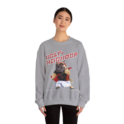Person wearing a gray sweatshirt with a graphic of a pug and text on a white background