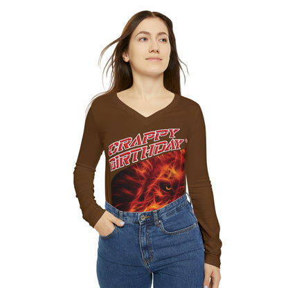 Crappy Birthday Chic Long Sleeve V-Neck Tee - Brown
