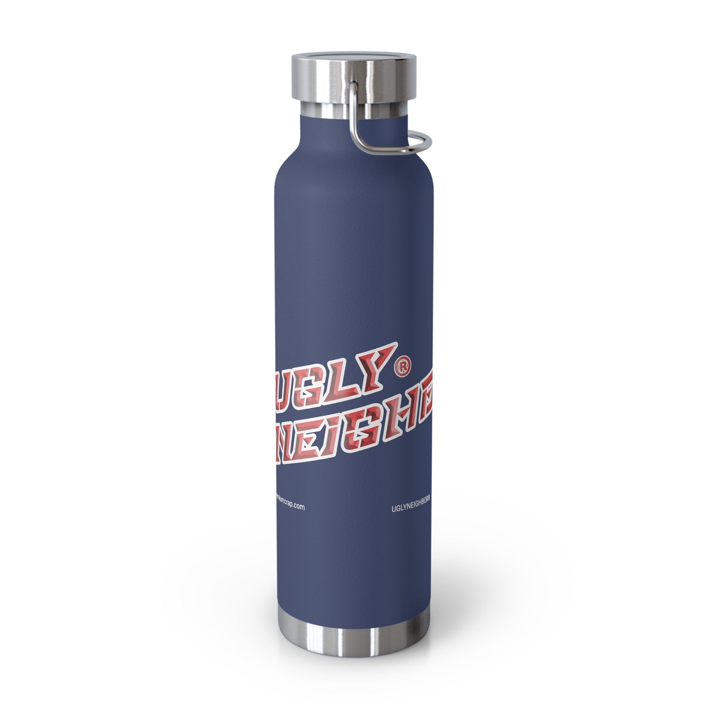 Blue water bottle with silver lid and handle on a white background