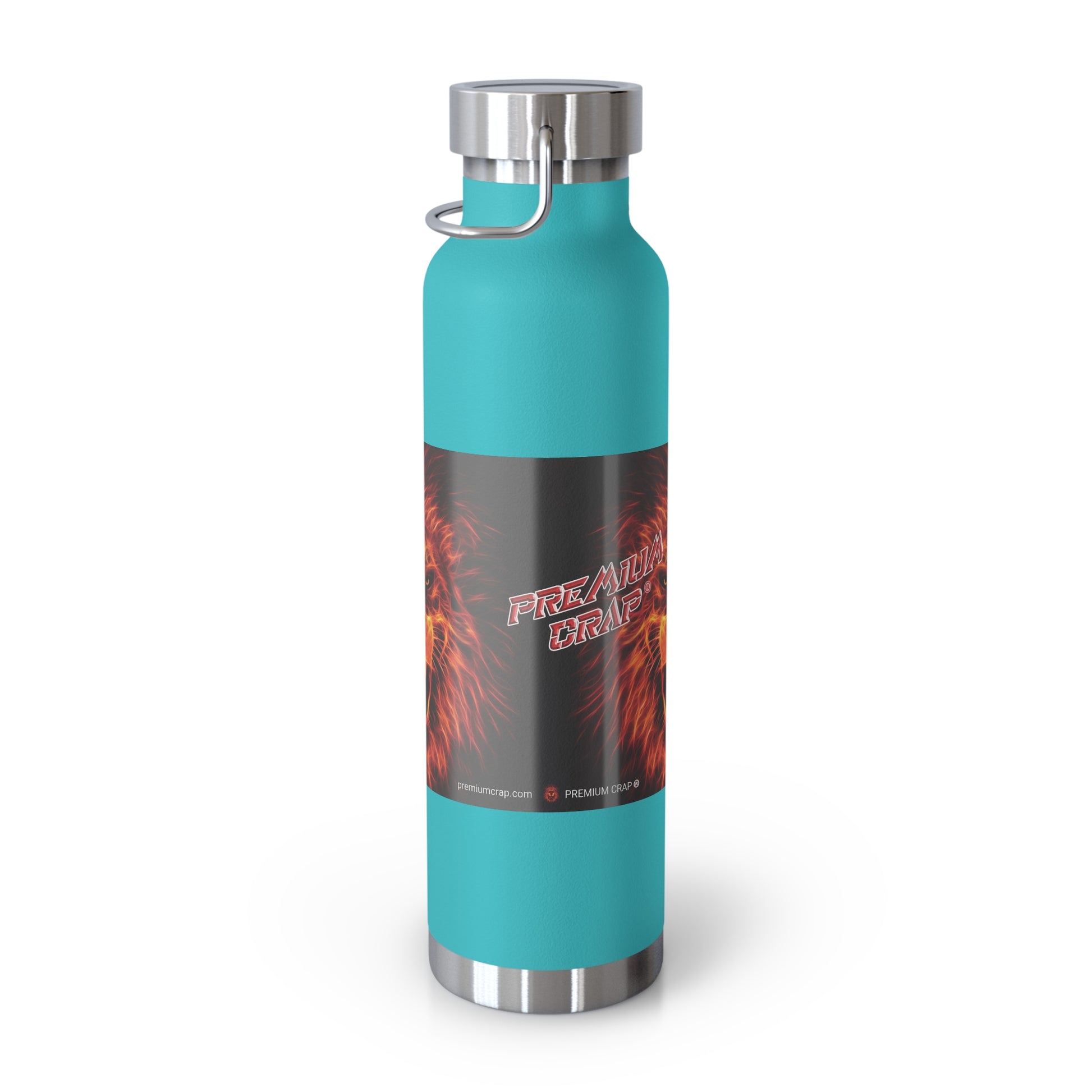 A 32 oz insulated water bottle with a matte teal body, silver stainless steel cap and base, and a black wrap-around label featuring red and orange flames with the text 'Premium Crap'.