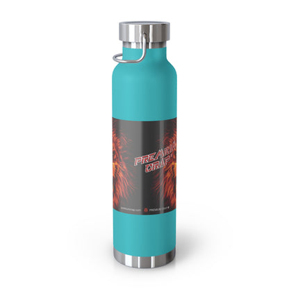 A 32 oz insulated water bottle with a matte teal body, silver stainless steel cap and base, and a black wrap-around label featuring red and orange flames with the text 'Premium Crap'.