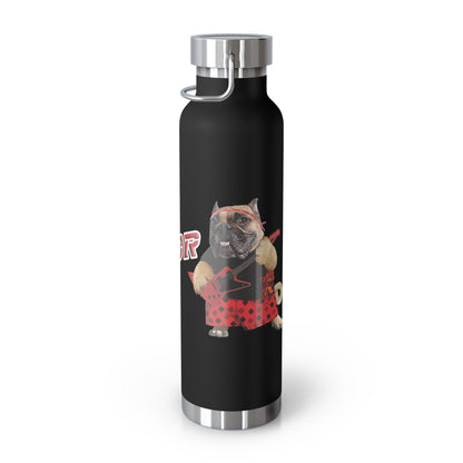 Black water bottle with a graphic of a dog playing guitar and the word 'Ugly Neighbor'