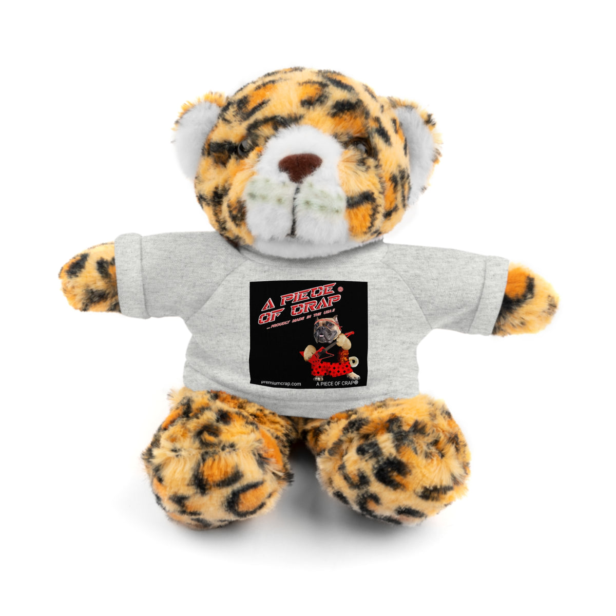 Plush toy tiger wearing a gray shirt with a visible brand logo on a white background