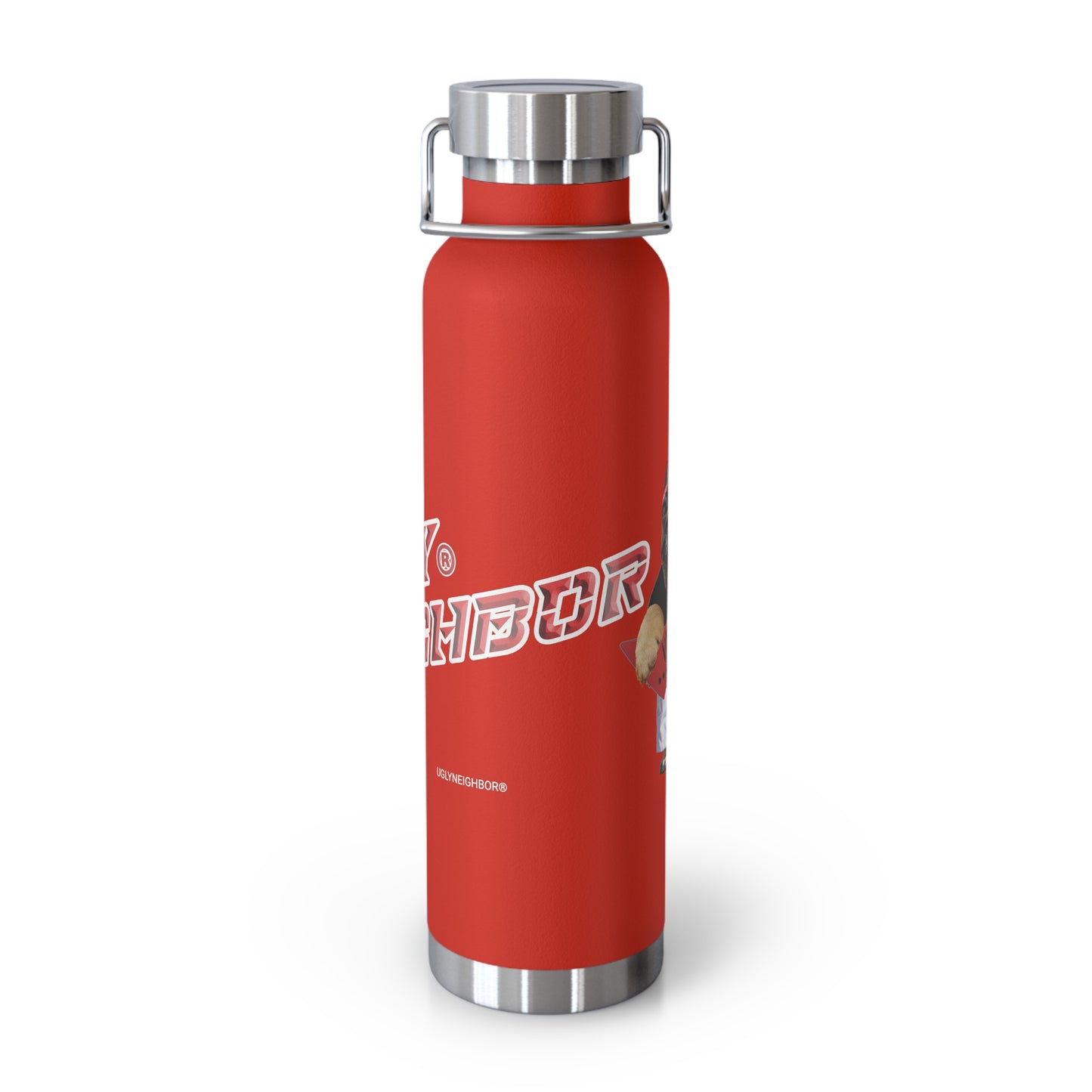 Red water bottle with silver cap on a white background