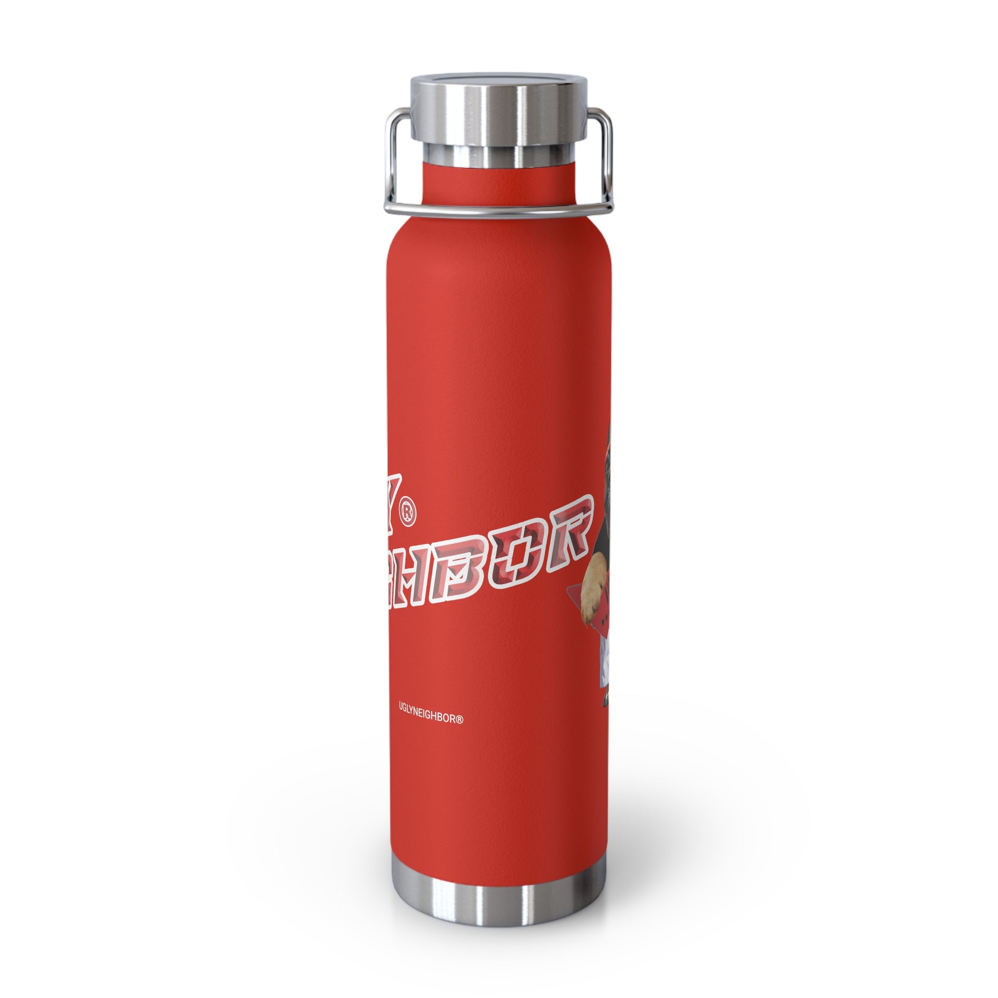 Red water bottle with silver cap on a white background