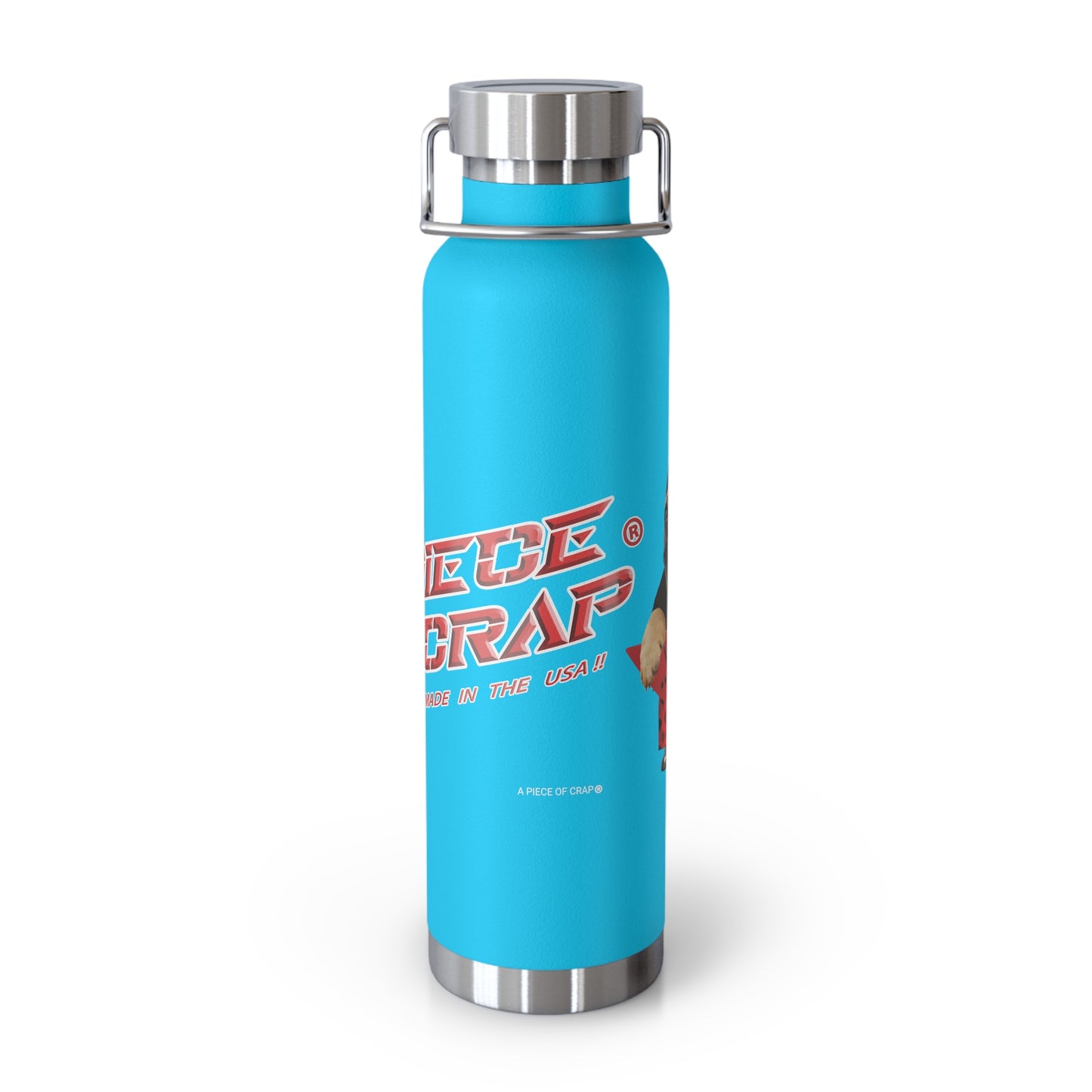 Blue water bottle with silver cap on a white background