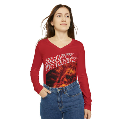 Crappy Birthday Chic Long Sleeve V-Neck Tee - Dark Red