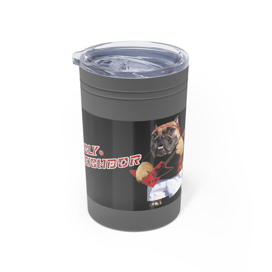 Gray tumbler with a dog graphic and text on a white background