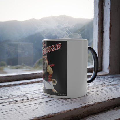 A white ceramic mug with a black handle sits on a weathered wooden windowsill, with steam rising from the mug and a blurred mountain landscape visible outside.