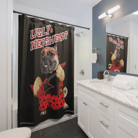 Bathroom with a 'Ugly Neighbor' shower curtain featuring a dog holding an axe.