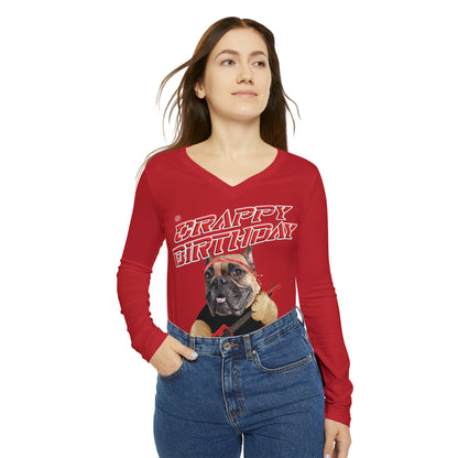 Crappy Birthday II Women's Long Sleeve V-neck Shirt - Dark Red