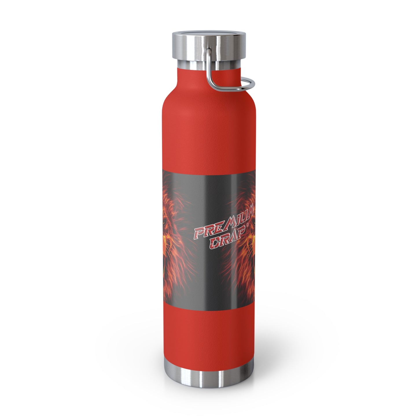 A red insulated water bottle with a dark gray wraparound label featuring a roaring lion graphic and the words 'Premium Crap'. The bottle has a silver metal cap and base, and a small silver loop on the cap, shown on a white background.