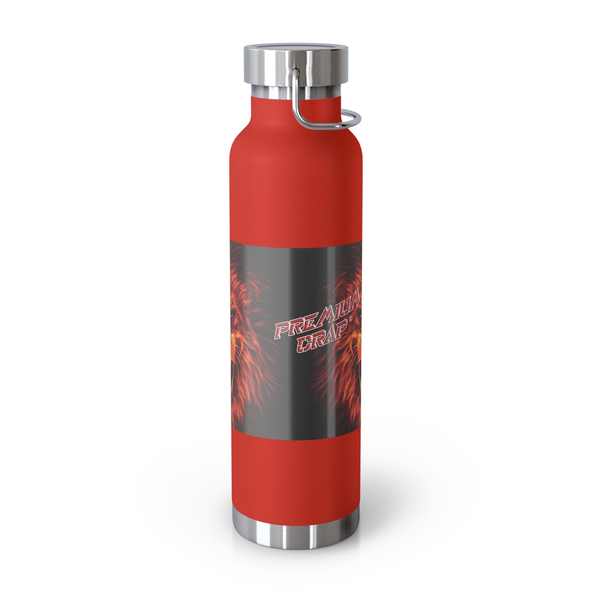 A red insulated water bottle with a dark gray wraparound label featuring a roaring lion graphic and the words 'Premium Crap'. The bottle has a silver metal cap and base, and a small silver loop on the cap, shown on a white background.