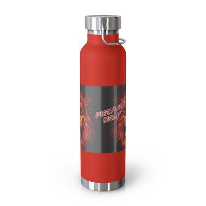 A red insulated water bottle with a dark gray wraparound label featuring a roaring lion graphic and the words 'Premium Crap'. The bottle has a silver metal cap and base, and a small silver loop on the cap, shown on a white background.