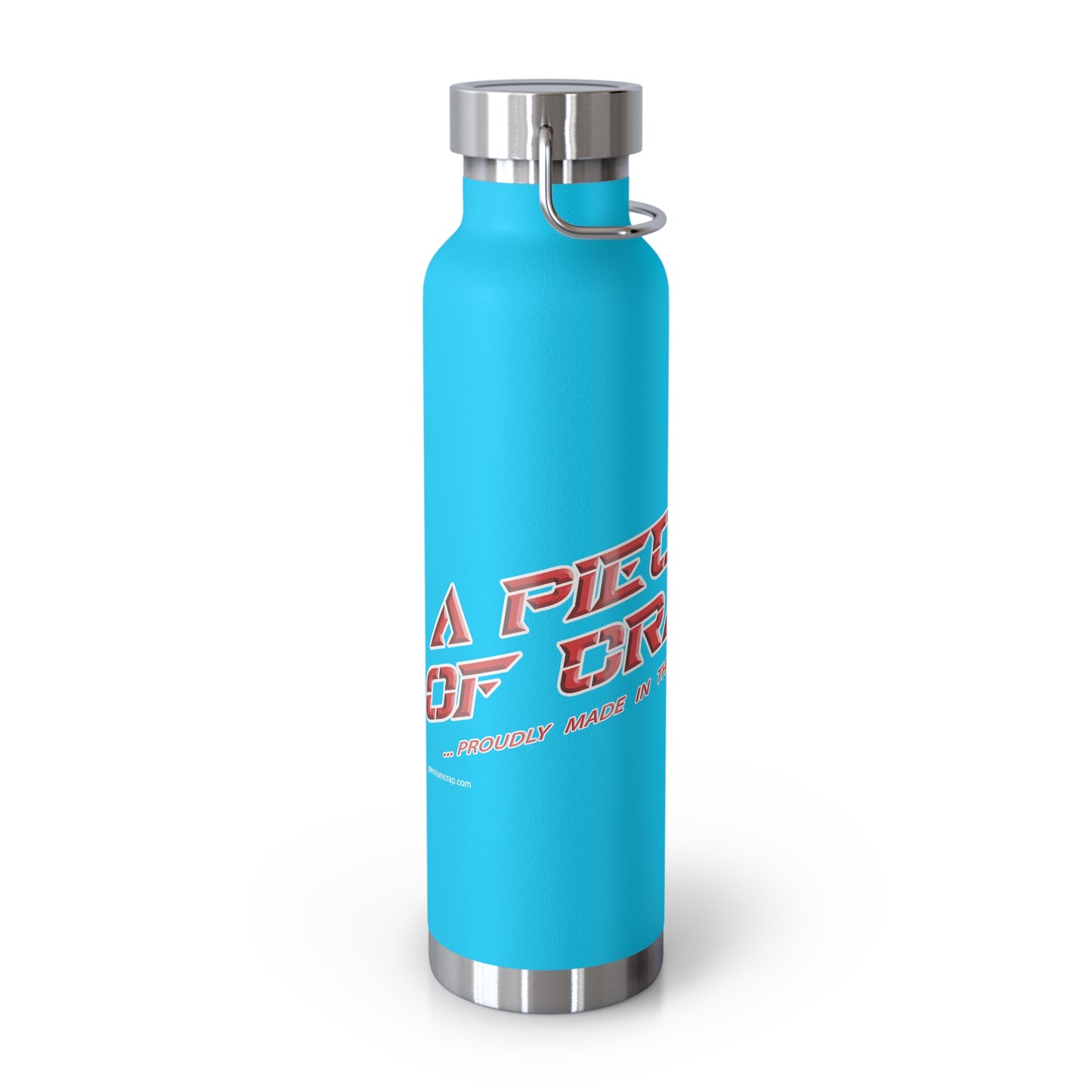 Blue water bottle with red and white text on a white background